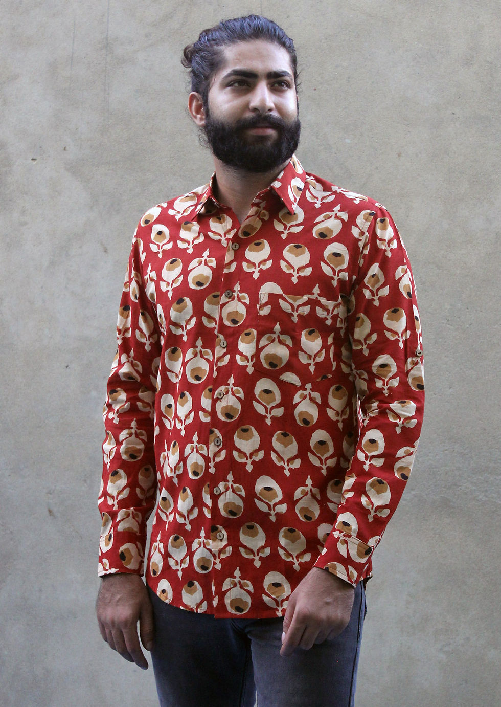 Thumbnail: Mens Shirt Long Sleeves Cotton Hand Block Print Red