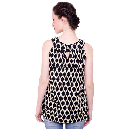 Thumbnail: Darwin Top with Stylish Collar Cotton Print Black
