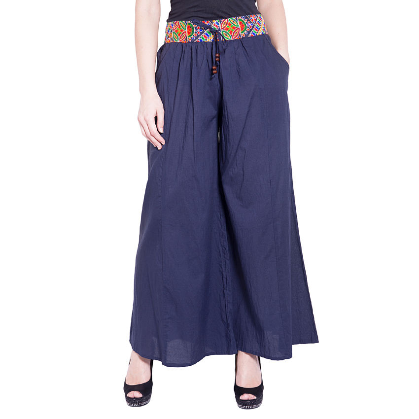 Udisa Palazzo Pants with Embroidered Belt Cotton Navy Blue