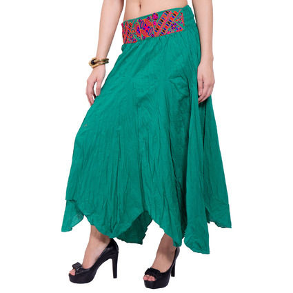 Karma Long Skirt with Embroidered Belt Green Cotton