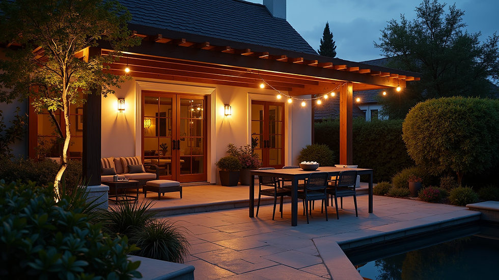 Wide angle view of a beautifully lit backyard patio at twilight