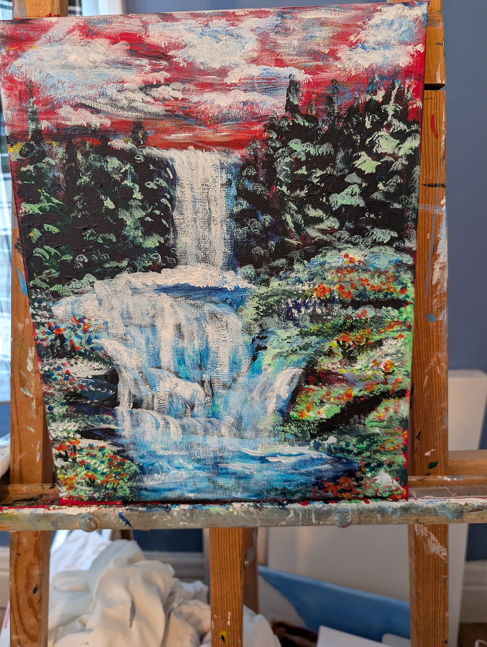 Waterfall Forest Acrylic Painting
