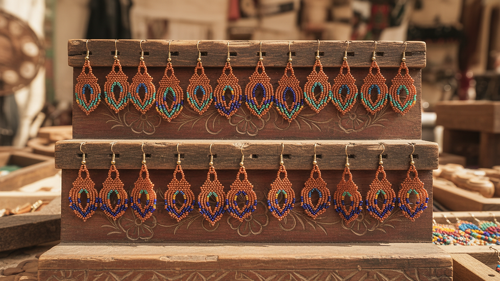 Eye-level view of colorful beaded earrings displayed on a rustic wooden stand