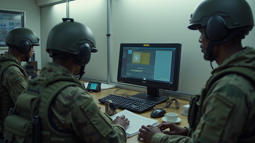 High angle view of military communication equipment setup