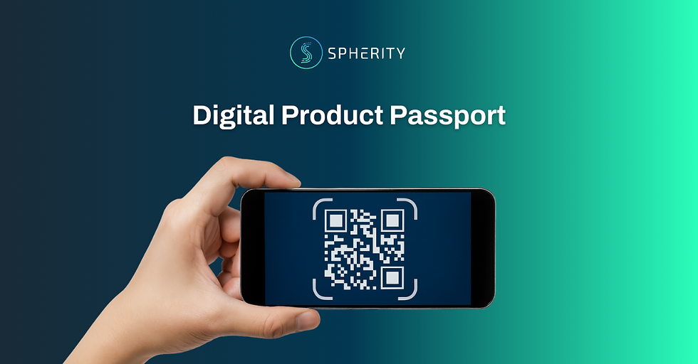 A hand holds a phone displaying a QR code on a blue background. Text reads "Digital Product Passport" and "Spherity" logo is above.