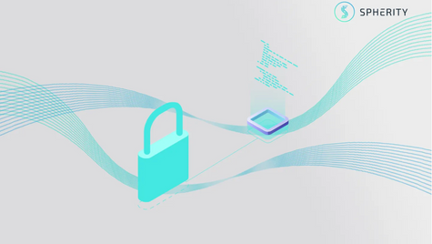 Digital lock and abstract shapes represent encryption. Blue waves and the word "Spherity" appear on a gray background.