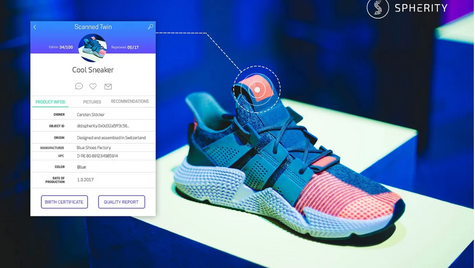 Blue and red sneaker on display with digital info overlay. Text includes: product details, "Cool Sneaker," manufacturer, and QR code.