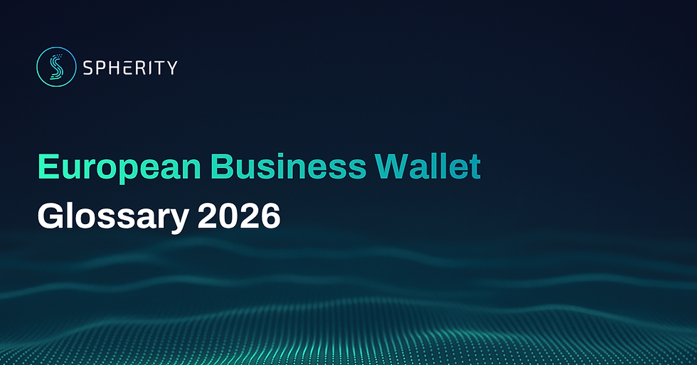 Dark background with teal waves, "Spherity" logo, and text: "European Business Wallet Glossary 2026" in white. Futuristic mood.