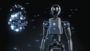 Futuristischer Roboter vor schwarzem Hintergrund, links schwebende leuchtende Würfel, blaue Begriffe wie CORE, DATA, AI.