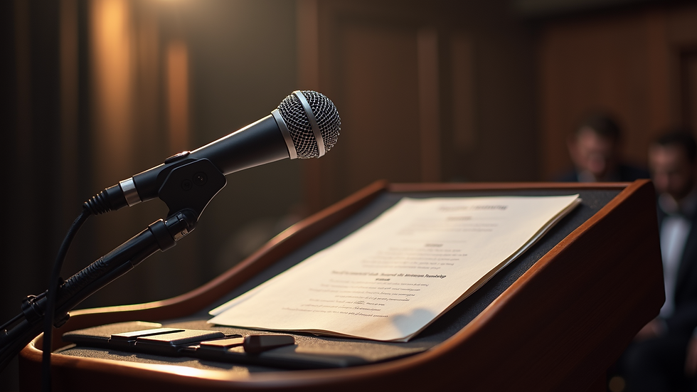 Close-up view of a microphone and event notes on a podium