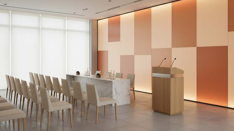 Eye-level view of a conference room with neatly arranged chairs and a podium