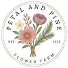 Petal and Pine Flower Farm circular logo with a pink flower bouquet and pine tree