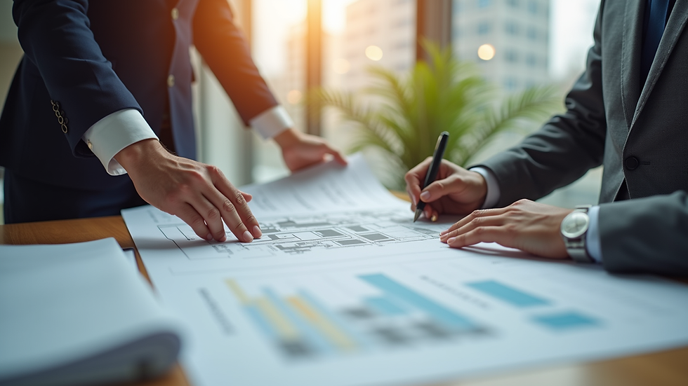 Eye-level view of a real estate agent showing property plans to a client
