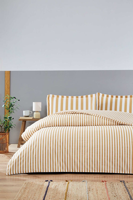 Nevresim Takımı Fitted Çarşaflı Ranforce Çift Kişilik Gold Cabana Line