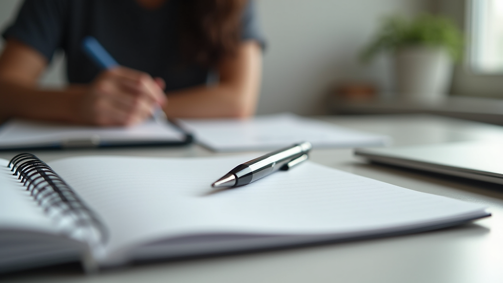 Close-up view of a notebook and pen on a therapist's desk