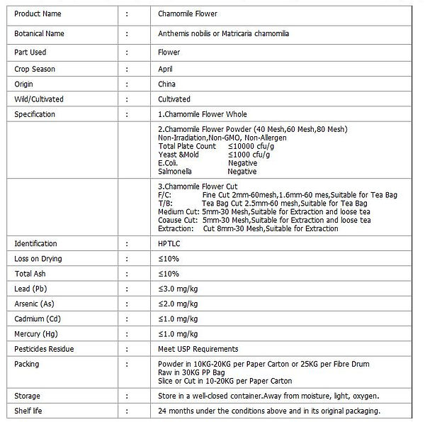 Chamomile Flower Tea Bag Cut specification sheet