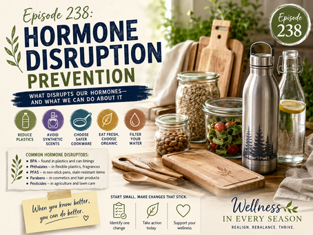 Infographic titled Episode 238: Hormone Disruption Prevention, with jars, water bottles, cutting boards, and tips on reducing plastics and toxins