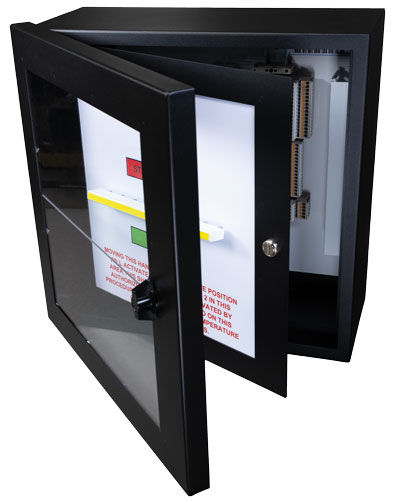 Custom enclosure with viewing window and hinged access door.