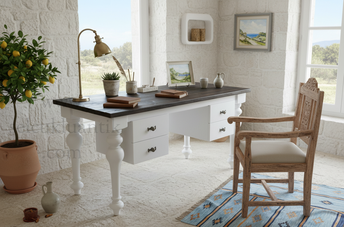 Vintage Luvin Ahşap Çalışma Masası Beyaz Renk