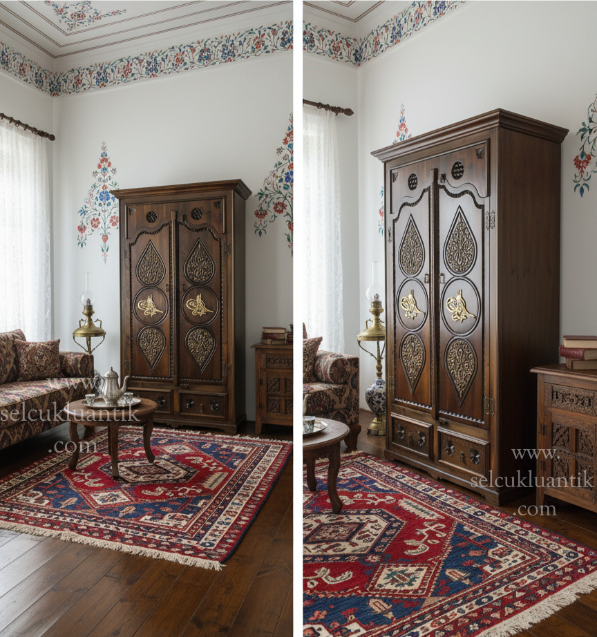 Küçük resim: açık ceviz renk ahşap osmanlı tuğralı dolap yandan görünüş