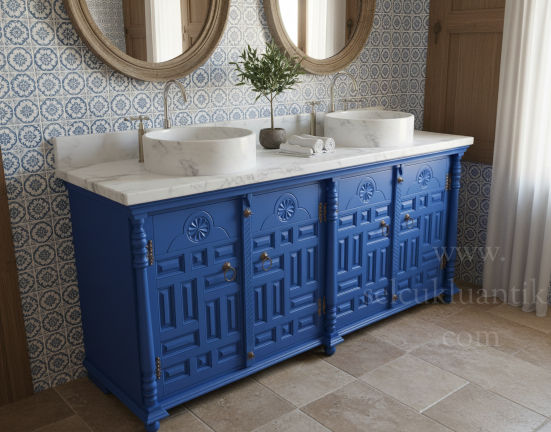 Küçük resim: Mavi Renk Ahşap Oymalı Banyo Dolabı