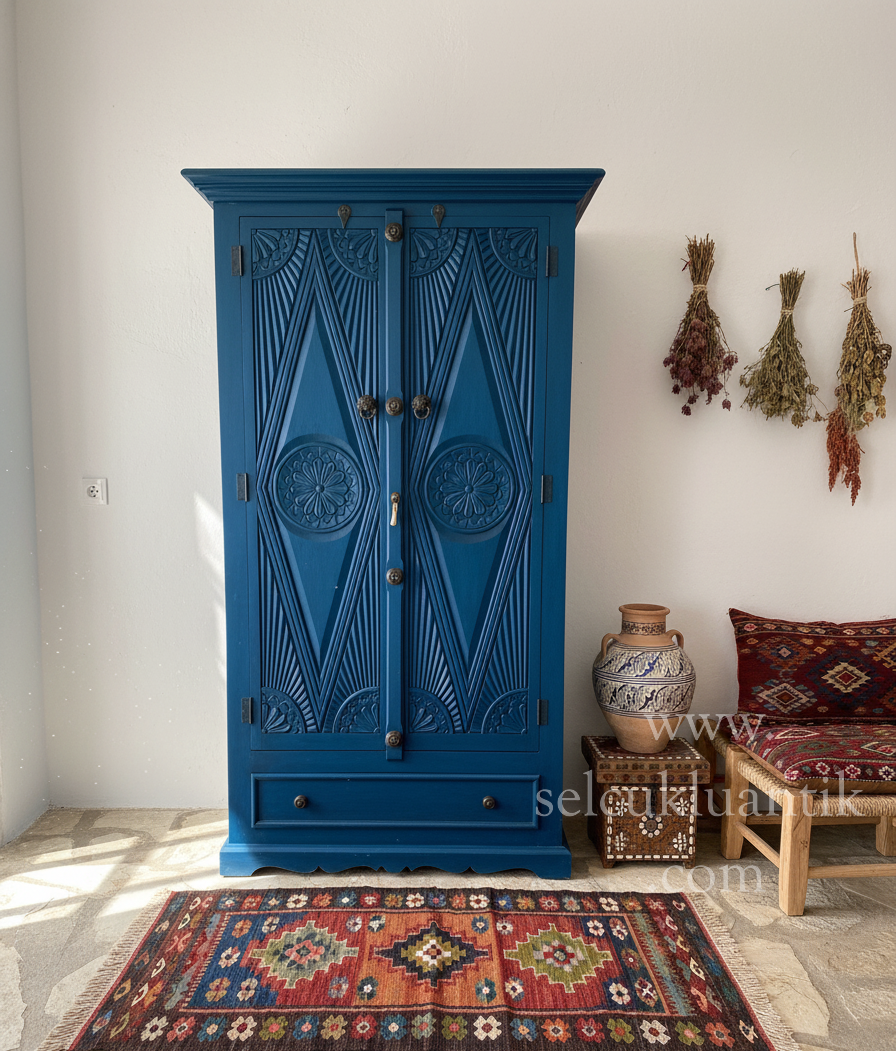 Küçük resim: Mavi Renk Osmanlı Ahşap Oymalı Dolap