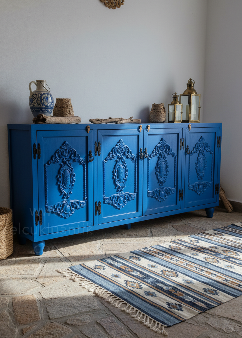 Küçük resim: Vintage Ahşap Kapaklı Konsol Mavi Renk