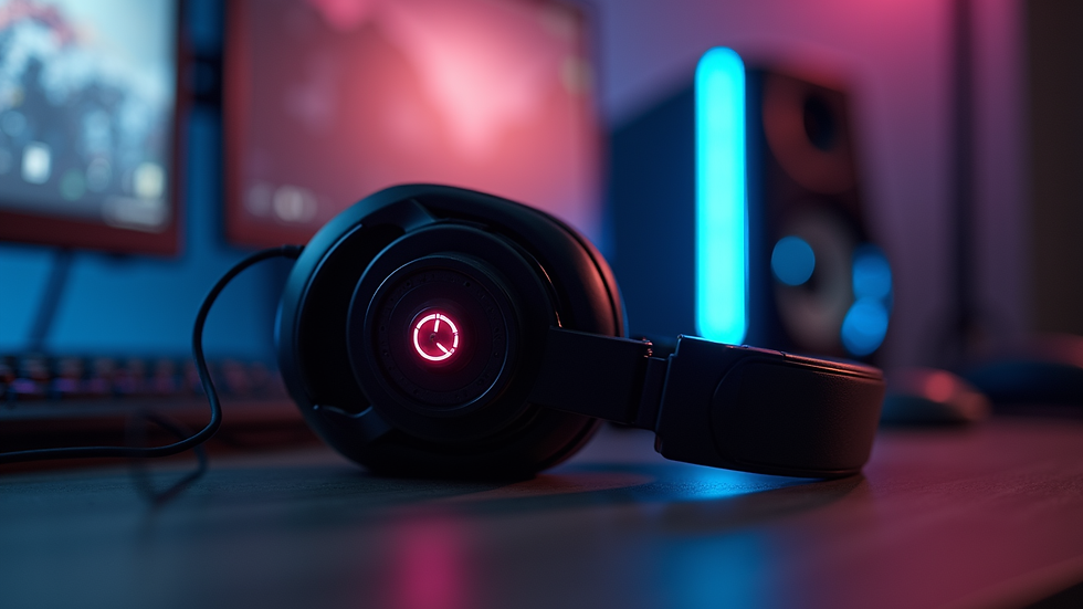 Eye-level view of a premium gaming headset resting on a desk