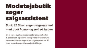 Butik 32 Binau søger salgsassistent  med godt humør og smil på læben