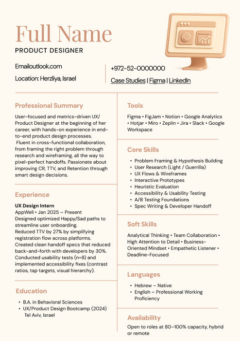 דוגמת קורות חיים למעצב מוצר בסגנון מינימליסטי