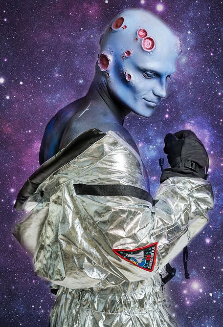 Man in the moon atistic airbrush full body makeup facepaint crater face bald cap galaxy blue skin astronaut