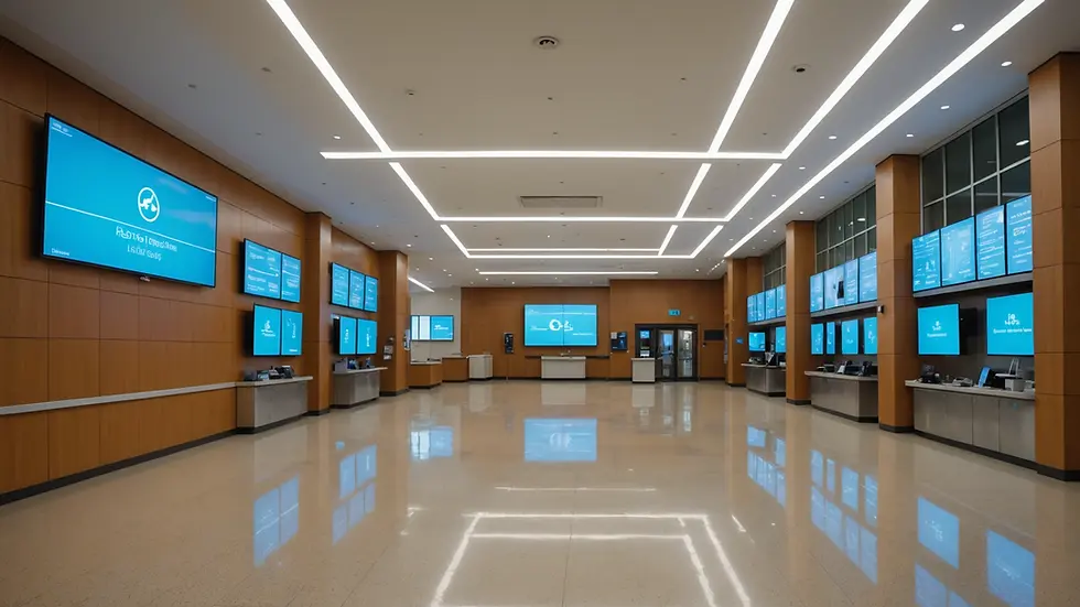Wide angle view of a hospital lobby with a large video wall displaying updates