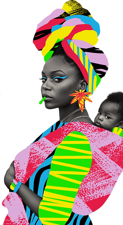 Mãeconheira com um bebe nas costas, com as vestimentas estilizadas numa estética vetorizada e afropunk