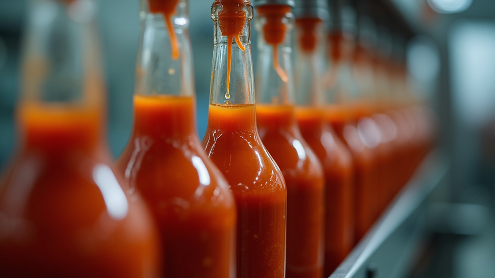 Eye-level view of a small batch hot sauce production line with bottles being filled