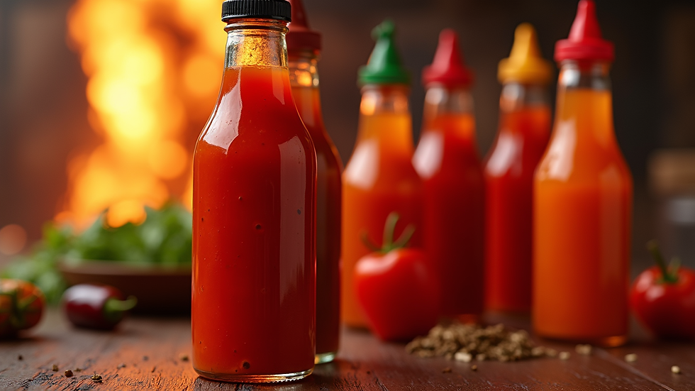 Close-up view of a bottle of spicy hot lava sauce with vibrant red color