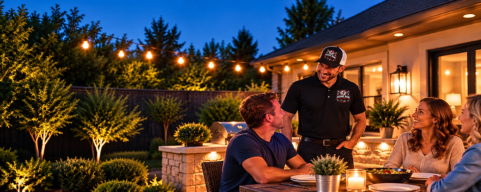 Backyard patio with outdoor lighting, string lights and ceiling fan