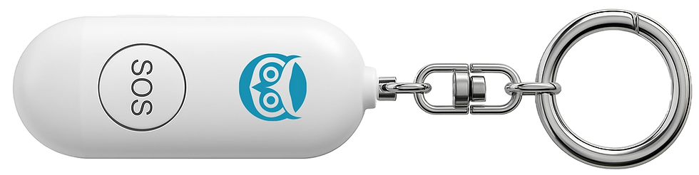 Porte-clés blanc avec bouton SOS et logo hibou bleu, relié à un anneau métallique.