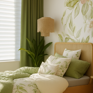 trifold blinds in calgary bedroom behind drapery