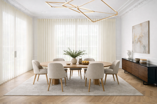 Dream Blinds in white, located in a Calgary dining room