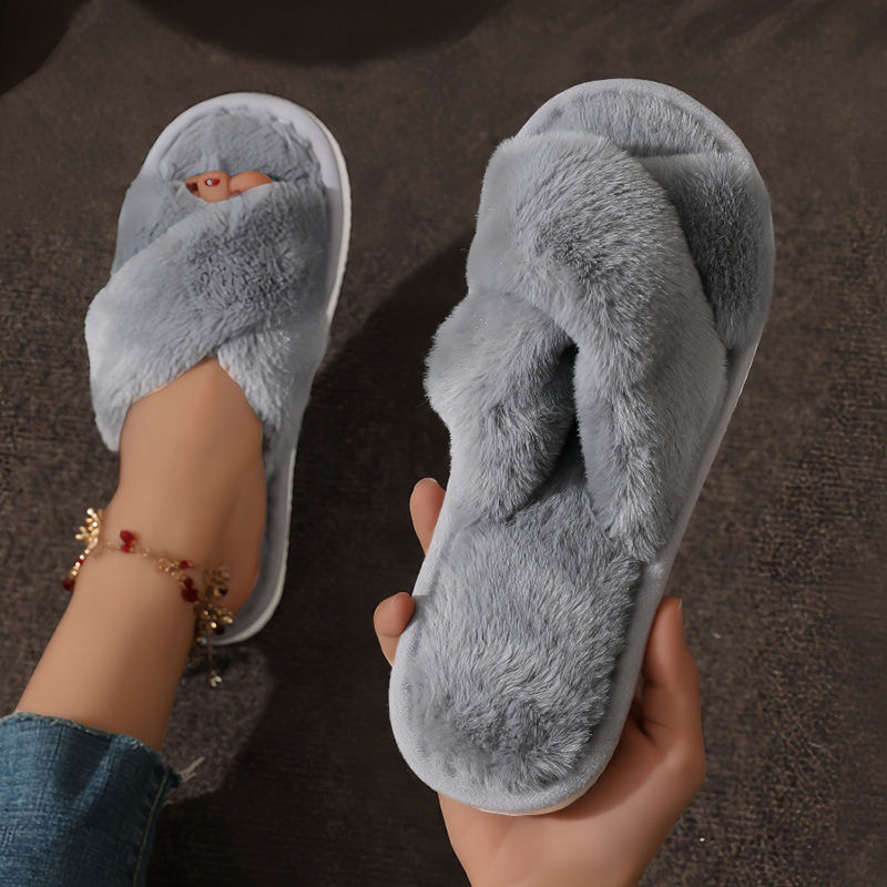 Thumbnail: Women Fluffy Furry Slippers Cross Warm Lightweight