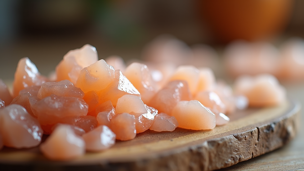 Close-up view of Himalayan salt crystals on a wooden surface