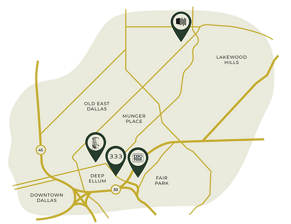 Map of Dallas neighborhoods with key locations highlighted.