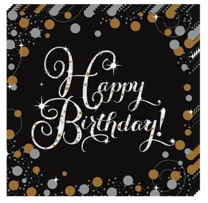 Happy Birthday Servietten - Schwarz, Gold, Silver