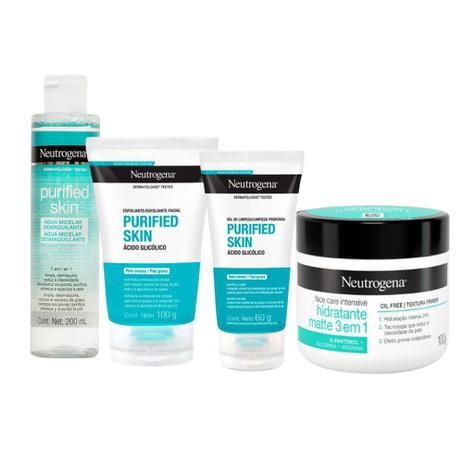Kit Neutrogena Purified Skin Care Pele Mista a Oleosa: Gel de Limpeza + Hidratante Antissinais + Água Micelar + Esfoliante