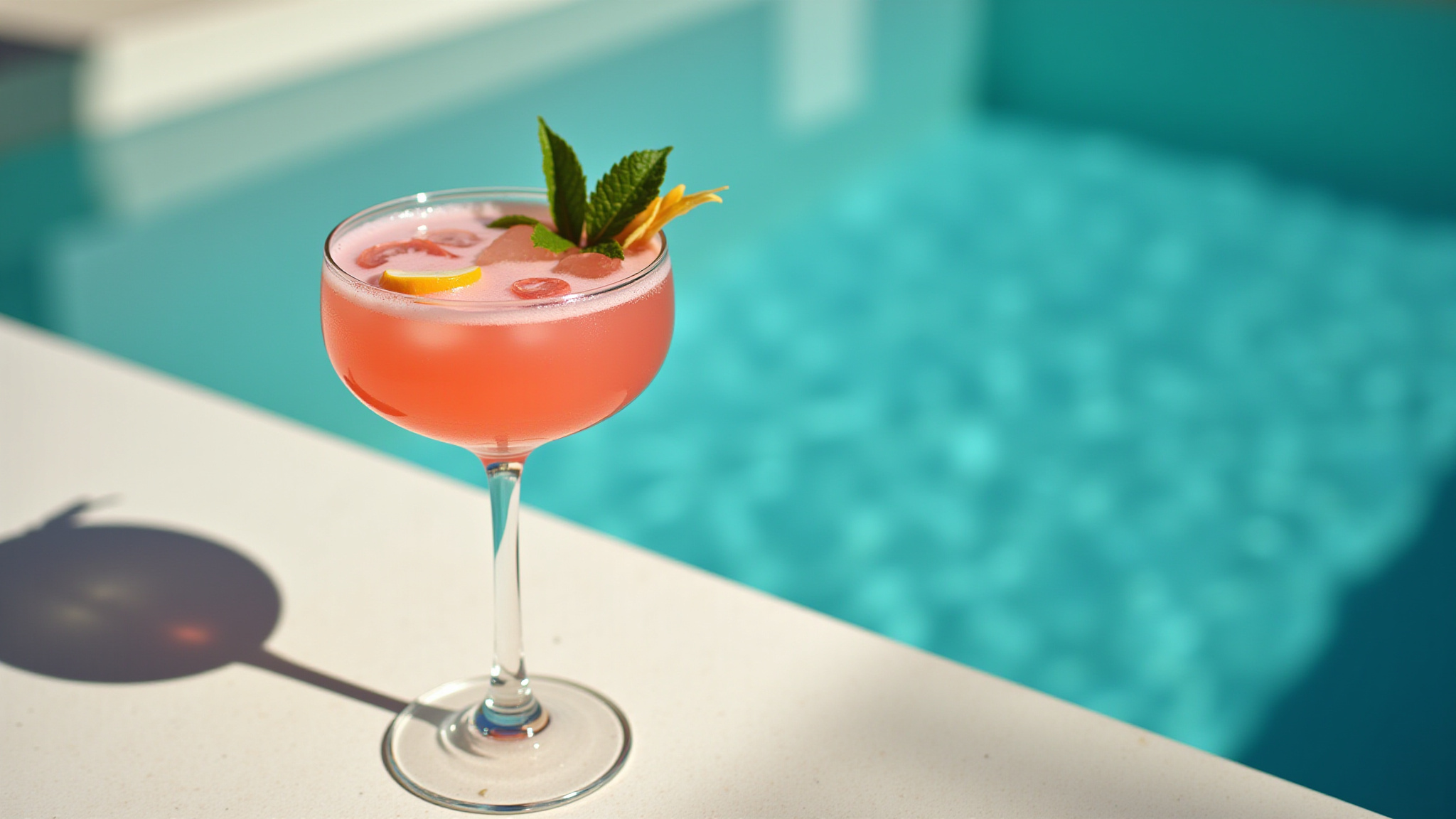 A pink margarita cocktail by the pool side. 