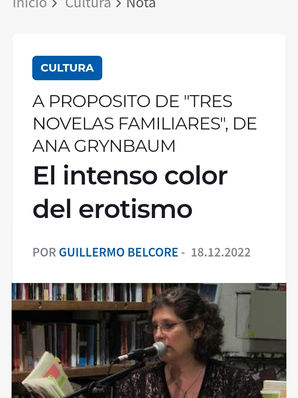 Sobre "Tres novelas familiares" de Ana Grynbaum, Guillermo Belcore para La prensa