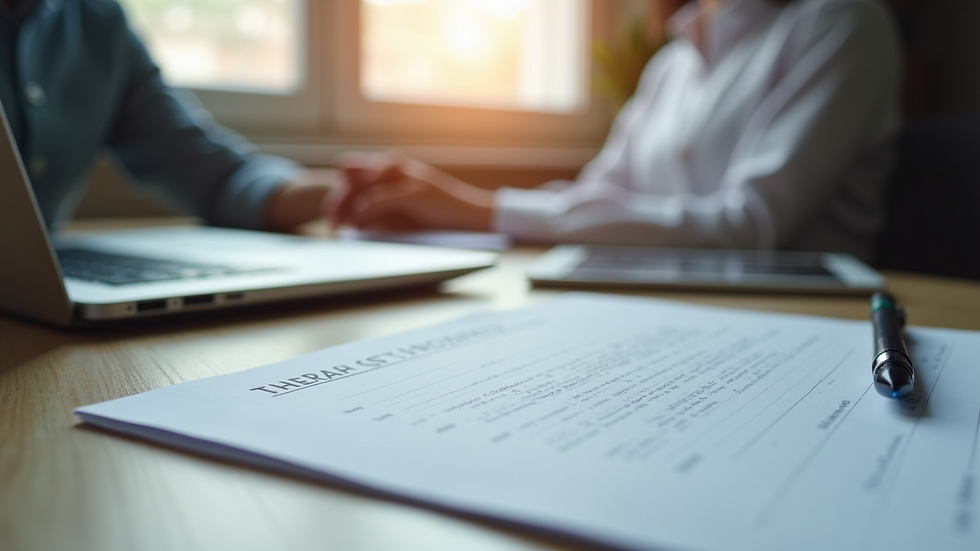 Close-up view of a social worker’s desk with therapy notes and a laptop