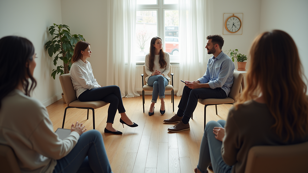 High angle view of a group therapy session in a bright room