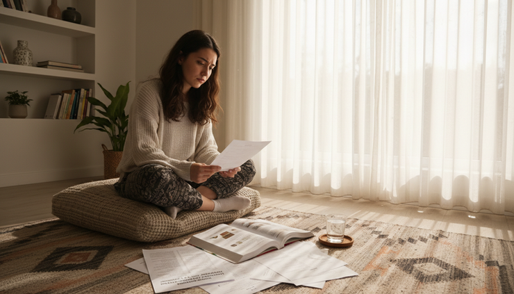 Wide-angle view of a quiet room with a student looking at a university preference list on paper