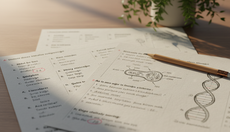 Close-up view of handwritten biology diagrams and solved questions on paper